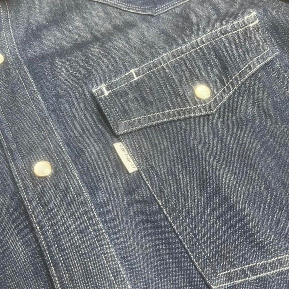 Vintage Carhartt men's pearl snap dark wash multi pocket denim shirt utility L - Picture 3 of 7